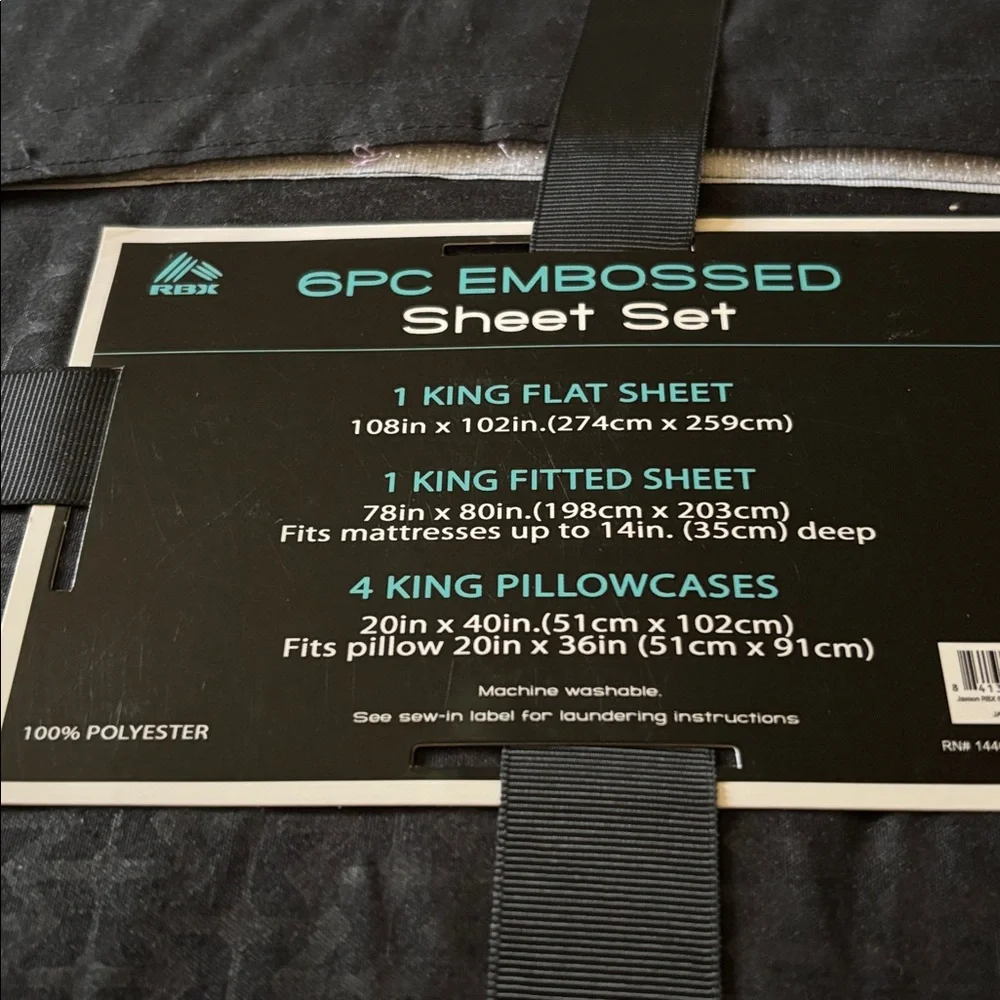 Sheet set 6 pc embossed new King size black RBX polyester 4 pillowcases 2 sheets